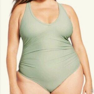 Kona Sol One Piece 20W Sage Green Swimsuit Adjustable Straps Lined Shirred